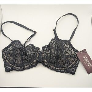 NWT TRUE&CO Lace Balconette Bra Black Sheer Mesh Nude Lined Underwire 32D Sexy